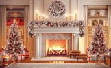 4-Pieces Set Artificial Christmas Tree, Brown Needles with flocking, with Warm Lights, pine cones and berries, Artificial Tree for door and fireplace