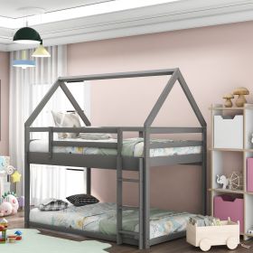 Twin over Twin Low Bunk Bed, House Bed with Ladder , Gray(OLD SKU:WF197808AAE)