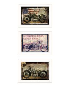"Classical Motorcycle Collection" 3-Piece Vignette By Sophie 6, Ready to Hang Framed Print, White Frame