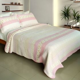 [Crystal Soul] 100% Cotton 3PC Vermicelli-Quilted Patchwork Quilt Set (Full/Queen Size)
