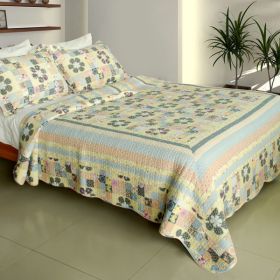 [Halcyon Harmony] 100% Cotton 3PC Vermicelli-Quilted Patchwork Quilt Set (Full/Queen Size)