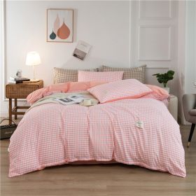 Simple Style Bedding 4 Piece Quilt Cover Sheet Pillowcase Cotton Spring Summer Autumn Winter Solid Two-color Student Dormitory (Color: pink plaid 2, size: 220x240cm 4-piece)