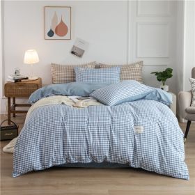 Simple Style Bedding 4 Piece Quilt Cover Sheet Pillowcase Cotton Spring Summer Autumn Winter Solid Two-color Student Dormitory (Color: Blue plaid, size: 200x230cm 4-piece)