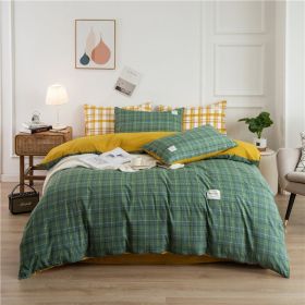 Simple Style Bedding 4 Piece Quilt Cover Sheet Pillowcase Cotton Spring Summer Autumn Winter Solid Two-color Student Dormitory (Color: dark green plaid, size: 220x240cm 4-piece)