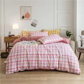 Simple Style Bedding 4 Piece Quilt Cover Sheet Pillowcase Cotton Spring Summer Autumn Winter Solid Two-color Student Dormitory (Color: pink plaid, size: 220x240cm 4-piece)