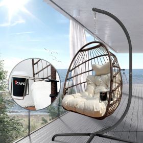 Swing Egg Chair with Stand Indoor Outdoor, UV Resistant Cushion Hanging Chair with Guardrail and Cup Holder, Anti-Rust Foldable Aluminum Frame Hammock (Color: Coffee Brown)
