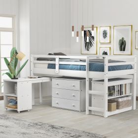 Low Study Twin Loft Bed with Cabinet and Rolling Portable Desk (Color: White)