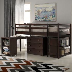 Low Study Twin Loft Bed with Cabinet and Rolling Portable Desk (Color: Espresso)