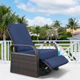 Outdoor Patio Rattan Wicker Swivel Recliner Chair;  Adjustable Reclining Chair 360¬∞ Rotating with Water Resistant Cushions (Color: Navy blue)
