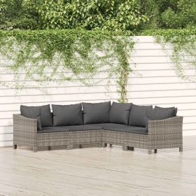 5 Piece Patio Lounge Set with Cushions Gray Poly Rattan (Color: gray)