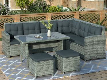 6-Piece Patio Furniture Set Outdoor Sectional Sofa with Glass Table, Ottomans for Pool, Backyard, Lawn (Color: gray)