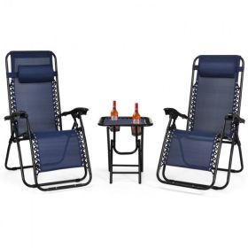 Pool Garden Patio Portable Zero Gravity Folding Reclining Lounge Chairs Table 3 Pieces Set (Color: Navy, Type: Chaise Lounge)