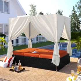 Outdoor Patio Wicker Sunbed Daybed with Cushions, Adjustable Seats (Color: Orange)