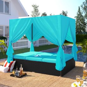 Outdoor Patio Wicker Sunbed Daybed with Cushions, Adjustable Seats (Color: Blue)