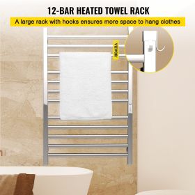 VEVOR Heated Towel Rack, Mirror Polished Stainless Steel Electric Towel Warmer with Built-in Timer, Wall-Mounted for Bathroom, Plug-in/Hardwired, UL C (Craft: Mirror Polished, Bars and Shapes: Square Poles and 12 Bars)