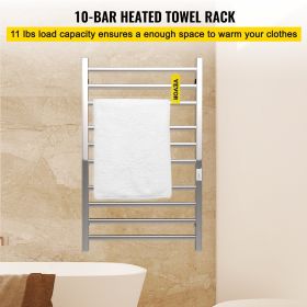 VEVOR Heated Towel Rack, Mirror Polished Stainless Steel Electric Towel Warmer with Built-in Timer, Wall-Mounted for Bathroom, Plug-in/Hardwired, UL C (Craft: Mirror Polished, Bars and Shapes: Square Poles and 10 Bars)
