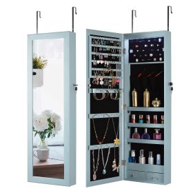 Fashion Simple Jewelry Storage Mirror Cabinet With LED Lights Can Be Hung On The Door Or Wall (Color: Blue)
