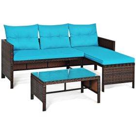 3 Pieces Outdoor Patio Corner Rattan Sofa Set (Color: Turquoise)